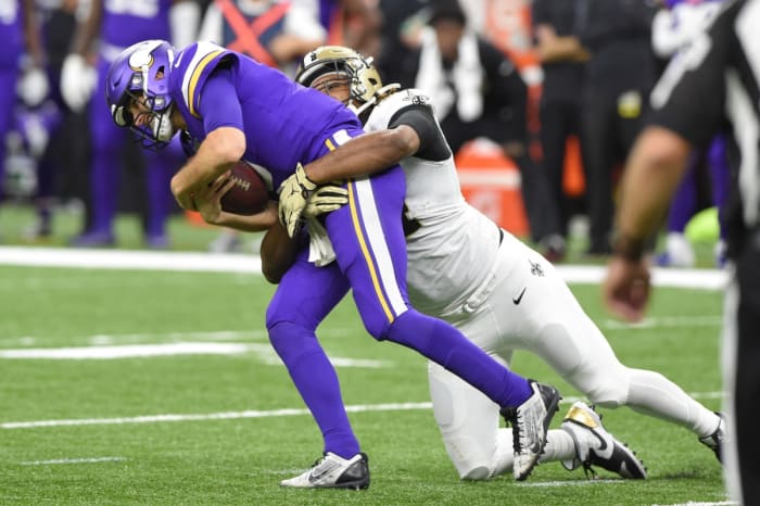 New Orleans Saints defensive end Cameron Jordan (94) sacks Minnesota Vikings quarterback Kirk Cousins (8) during a NFC Wild Card playoff game. Mandatory Credit: John David Mercer-USA TODAY